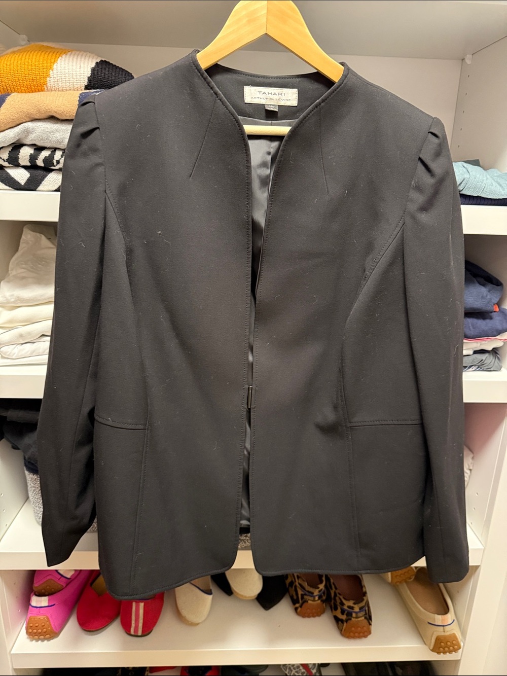 Tahari Black Collarless Open-Front Blazer